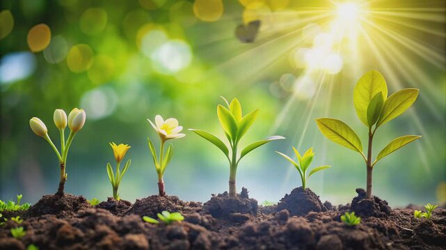 Depiction of the stages of plant growth from seed to maturity under sunlight