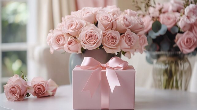 54. Lovely pastel pink table display with a wrapped gift box, a vase brimming with pink roses, and a delicate satin bow. The setup is perfect for celebrating birthdays, weddings, Mothers Day,