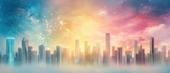 A futuristic rooftop party with neon lights, virtual reality games, and holographic fireworks as the city below celebrates the arrival of 2025