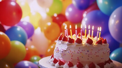 58. Cheerful birthday party scene featuring a backdrop of colorful balloons and a beautifully decorated birthday cake with glowing candles. The lively setting is ideal for a festive occasion