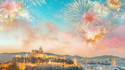 Fototapeta premium A grand celebration at a famous castle, with fireworks and colorful lights illuminating the ancient walls, as people celebrate the start of 2025