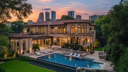 Fototapeta premium Elegant mansion with lush landscaping, located in a prime location with panoramic