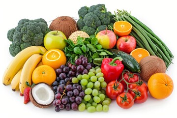 Pile of fresh fruits and vegetables including bananas, coconuts, apples, oranges, strawberries, green beans, tomatoes, garlic, beets, avocados, cabbages, asparagus, carrots