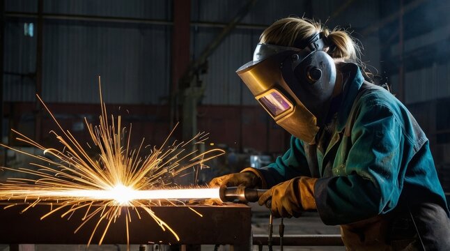 Female welder working in heavy industry factory