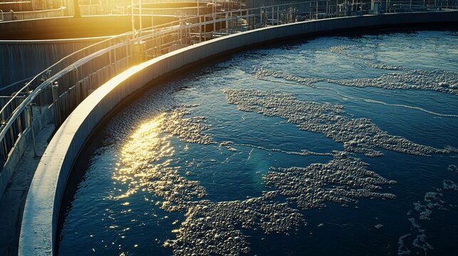 64. Detailed image of a wastewater treatment facility with aeration tanks, capturing the bubbling water and sunlight reflections, showcasing the facility operations