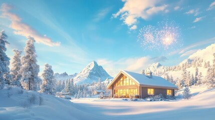 Fototapeta premium A serene mountain cabin during New Year's Eve, surrounded by snow-covered trees, with fireworks illuminating the sky as 2025 begins