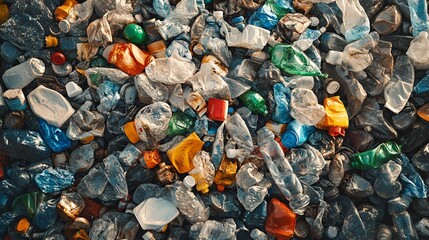 70. Disordered heap of clean, empty plastic PET bottles, showcasing their various shapes and sizes. The image highlights the recycling potential and environmental significance