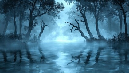 Fototapeta premium Silhouetted Trees Reflecting in Misty Water