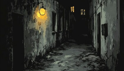 A dimly lit, narrow alleyway with peeling paint and a single light source