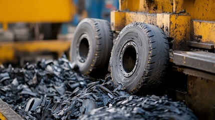 73. Close-up of machinery at a tire recycling plant, shredding old tires and processing them into reusable materials. The image captures the complexity and efficiency of the recycling process