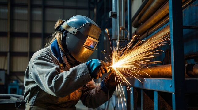Female welder working in heavy industry factory