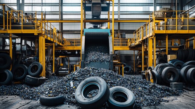 72. Detailed view of a tire recycling plant in action, with machines shredding and transforming old tires into new materials. The industrial setting highlights the recycling process