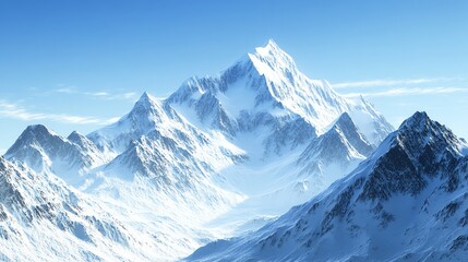 Obraz premium A majestic snow-capped mountain peak rises above a stunning landscape of snow-covered peaks and valleys.