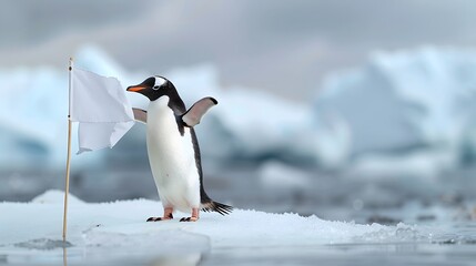 Obraz premium Penguin Holding White Flag: A cute penguin standing on ice, holding a small white flag. 