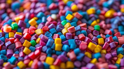 81. Initiative Encourages Recycling of Colorful Plastic Pellets for Sustainable Manufacturing. Close-up view of vibrant, multi-colored plastic pellets arranged neatly, symbolizing an environmental
