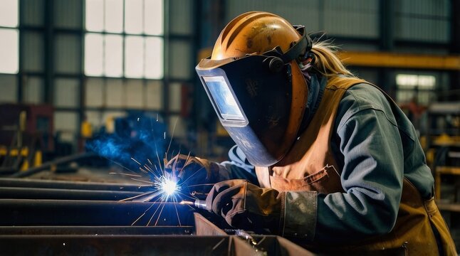 Female welder working in heavy industry factory - Powered by Adobe