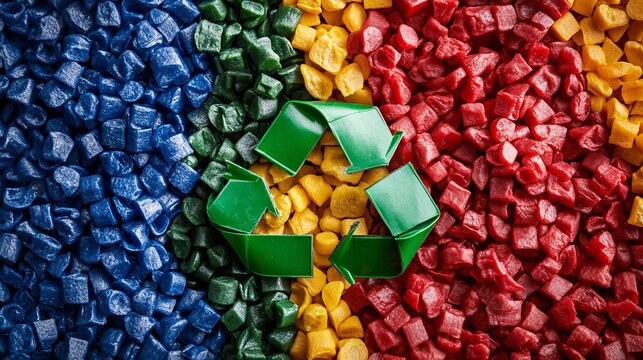 84. Close-up of colorful plastic pellets arranged in a visually appealing manner, promoting an initiative for recycling and sustainable manufacturing. The background is adorned with eco-friendly