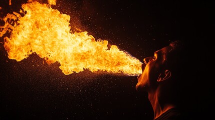 A man breathes fire in a dark setting, the flames illuminating his face and creating a dramatic and captivating image.