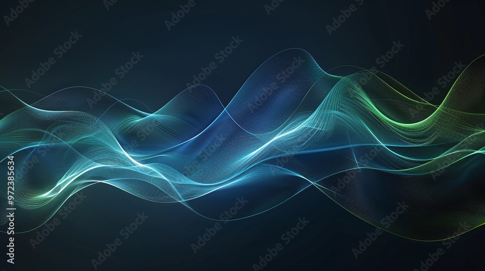 Poster abstract representation of flowing waves in vibrant blue and green tones, creating a sense of moveme