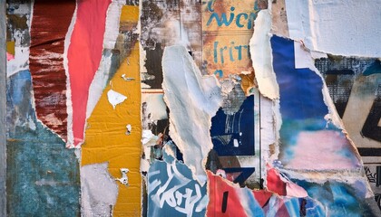 Old colorful posters ripped torn crumpled paper abstract grunge texture wall backdrop placard surface, collage urban street posters background