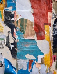 Fototapeta premium Old colorful posters ripped torn crumpled paper abstract grunge texture wall backdrop placard surface, collage urban street posters background