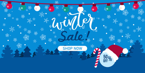 Winter christmas sale banner template with snow flakes. candy canes, christmas shopping sale. Winter Vector illustration