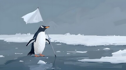 Penguin Holding White Flag: A cute penguin standing on ice, holding a small white flag. 

