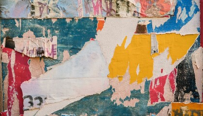 Fototapeta premium Old colorful posters ripped torn crumpled paper abstract grunge texture wall backdrop placard surface, collage urban street posters background