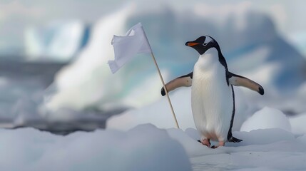 Fototapeta premium Penguin Holding White Flag: A cute penguin standing on ice, holding a small white flag. 