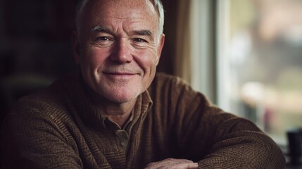 Fototapeta premium Portraiture of Smiling Mature Man in 60s with Perfectly Proportioned Hands and Soft Natural Lighting