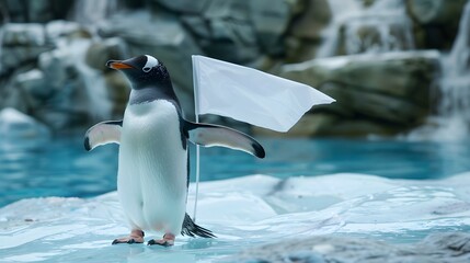 Obraz premium Penguin Holding White Flag: A cute penguin standing on ice, holding a small white flag. 