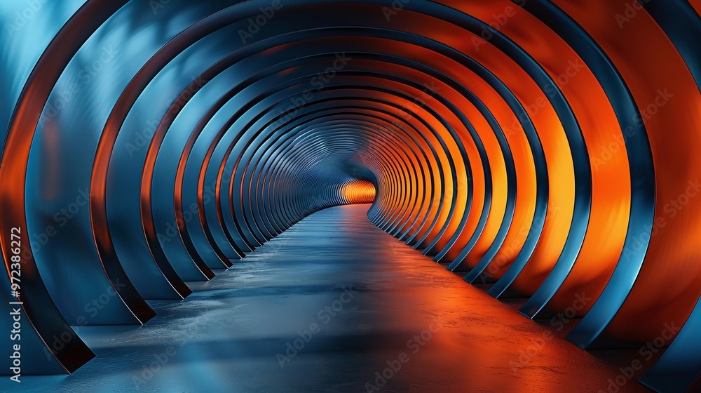 Poster abstract tunnel design featuring vibrant blue and orange tones, creating a futuristic and dynamic vi