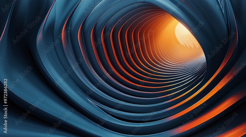 Poster abstract tunnel design featuring smooth curves, vibrant blue and orange tones, creating a sense of d