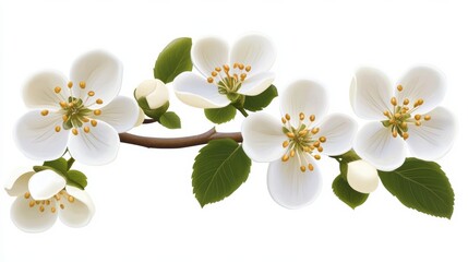 Fototapeta premium A white flower branch with green leaves and yellow flowers, AI