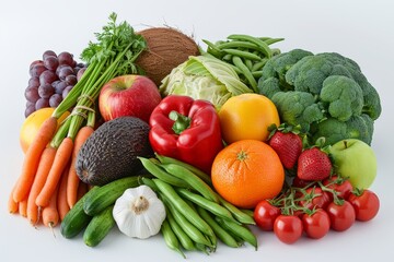 Pile of fresh fruits and vegetables including bananas, oranges, grapes, coconuts, tomatoes, bell peppers, green leaves, cabbages, wheat, rice, and corn on a white background, isolated with hyper-reali