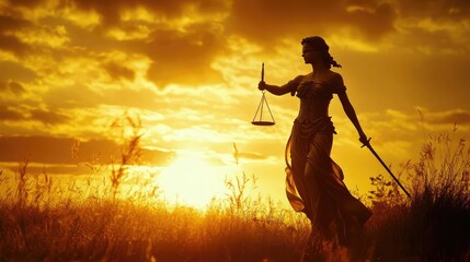 The Statue of Justice, a symbol of law and fairness, stands tall against a golden sunset.