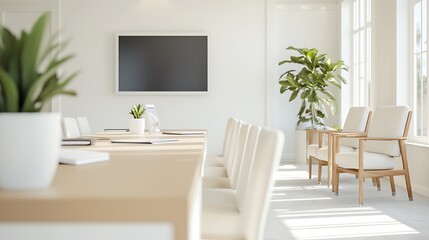 A bright and airy office environment featuring a long conference table, executive chairs, and a large flat-screen display. The image has deep depth of field with sharp focus on the entire room,