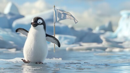 Obraz premium Penguin Holding White Flag: A cute penguin standing on ice, holding a small white flag. 