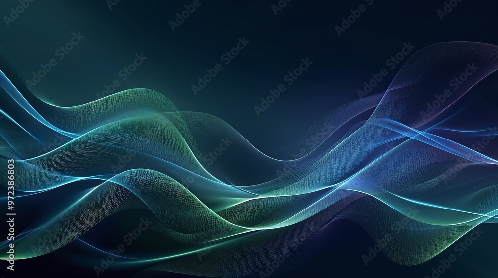 Poster abstract wave background with flowing lines in shades of blue and green, creating a calming and dyna