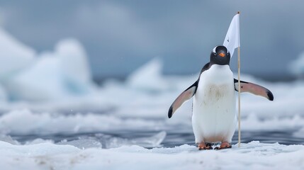 Obraz premium Penguin Holding White Flag: A cute penguin standing on ice, holding a small white flag. 