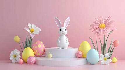 Fototapeta premium 9. Vibrant 3D easter eggs, a playful rabbit, and a charming flower encircle a sleek, modern podium. The empty display space is ideal for showcasing products in a joyful, springtime setting. Bright,