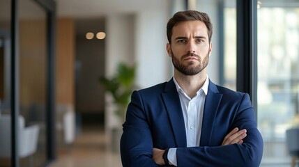 Fototapeta premium Professional man in a suit stands confidently in an office, exuding leadership and determination in a modern workspace.