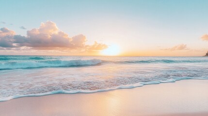 A calm beach with gentle waves lapping against the shore, with pastel skies during a peaceful sunset