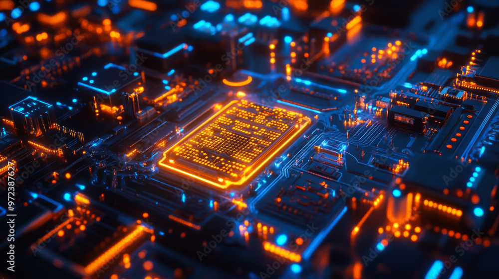 Poster vibrant close-up of a futuristic microchip illuminated by glowing circuits against a dark background