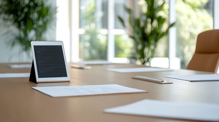 A detailed image of a business meeting room with executives engaging in a strategy session, with digital devices and documents on the table. The image is fully in focus with deep depth of field and