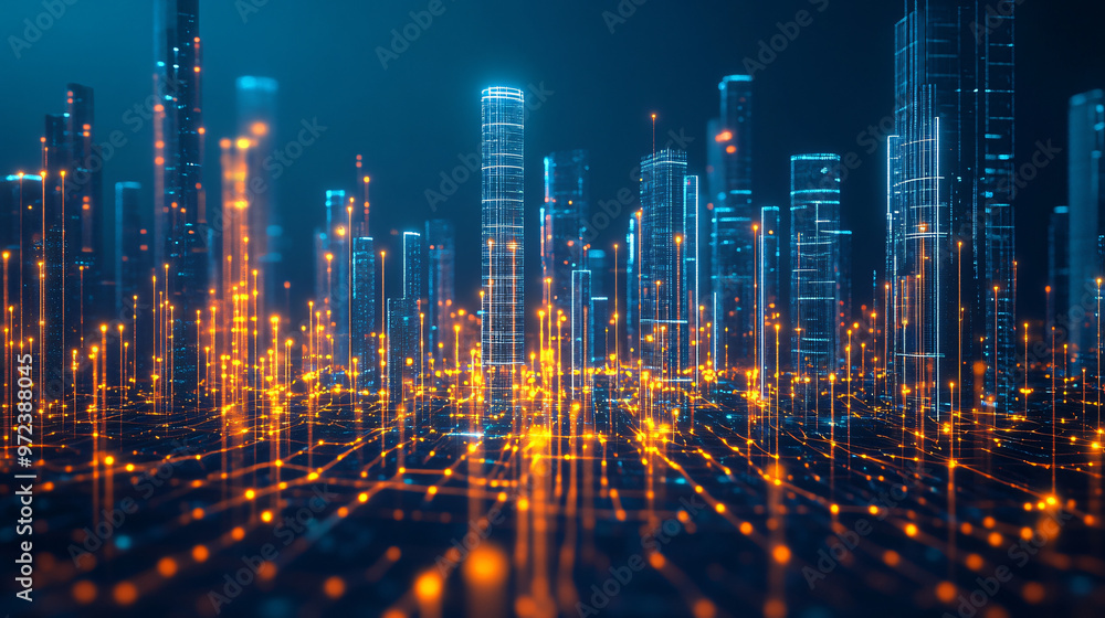 Aufkleber City of the future illuminated with data connections in a network at night