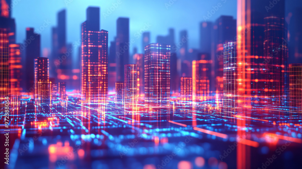 Poster futuristic cityscape at night is emerging from a circuit board with glowing lines of data