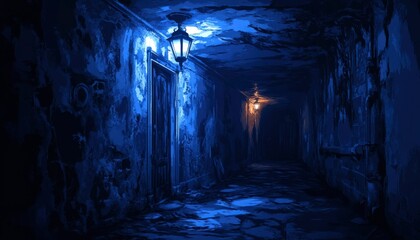 Fototapeta premium A Dark and Eerie Hallway Lit by Two Lanterns