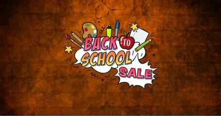 Animation of back to school sale text banner and school concept icons against brick wall background - Powered by Adobe
