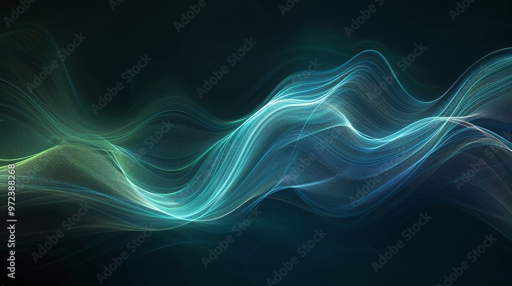 Poster abstract wave pattern in various shades of blue and green, creating a serene and dynamic visual effe